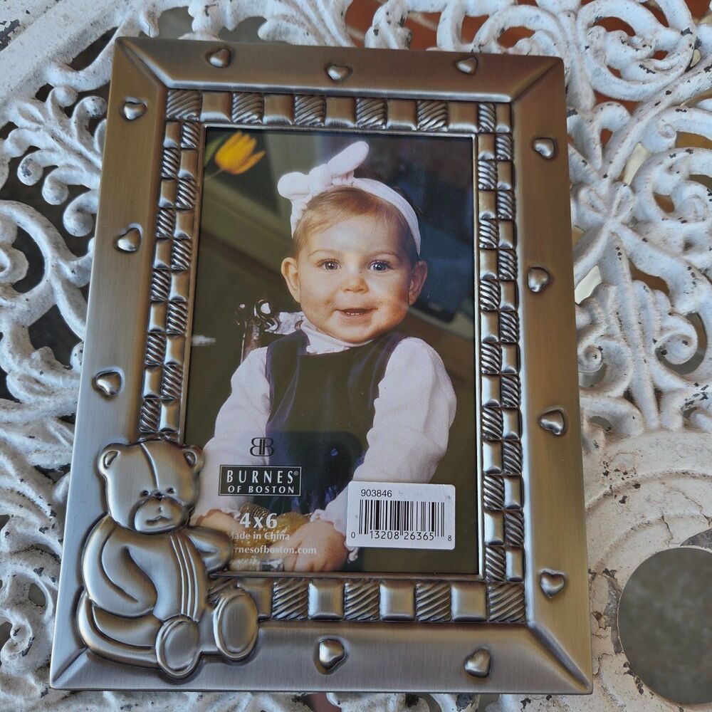 Burnes of Boston Teddy Bear Baby Photo Frame 4x6 Silver Hearts NOS Box